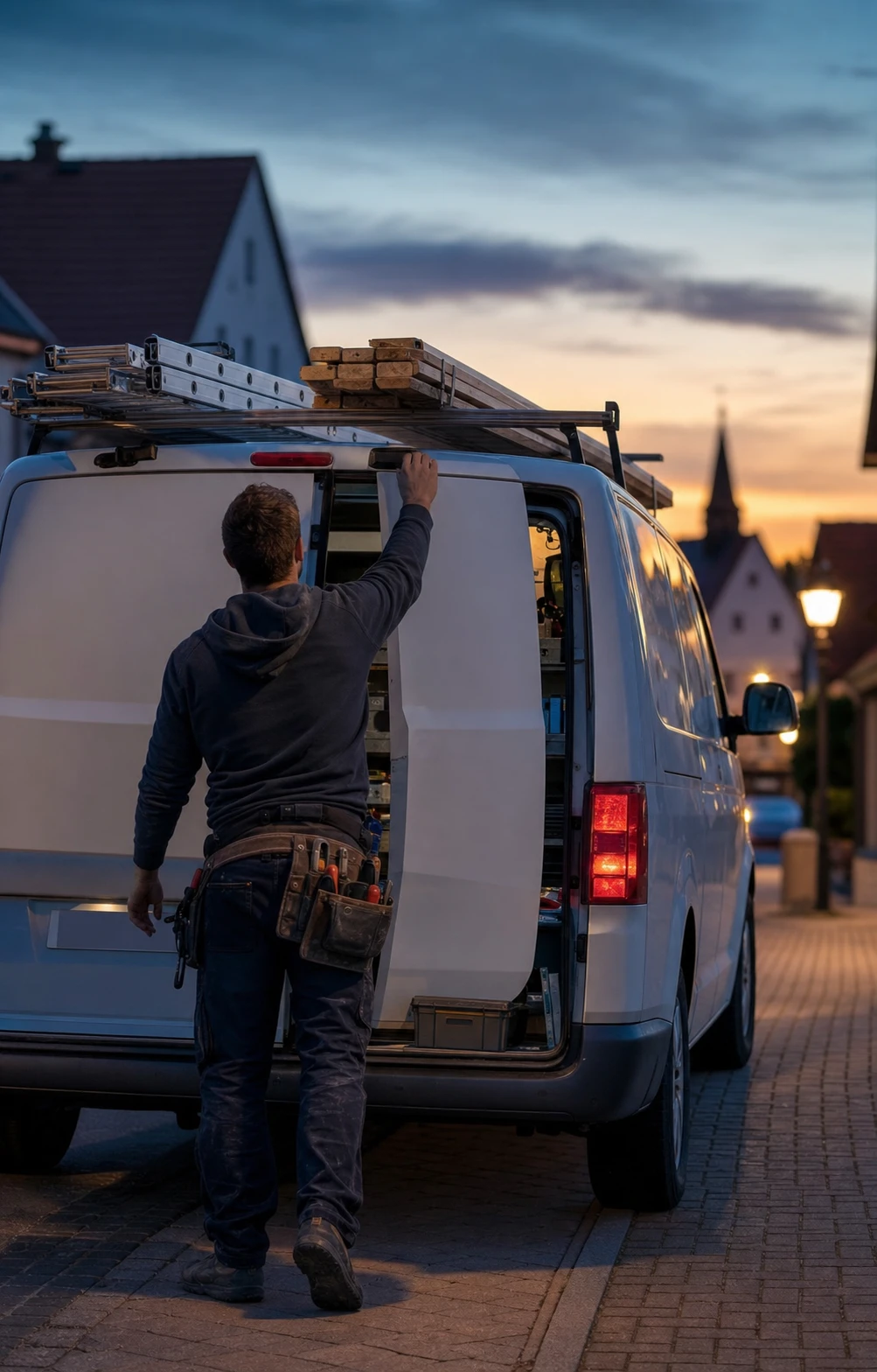 Handwerker schließt nach Feierabend den Firmenwagen, im Hintergrund der Ort