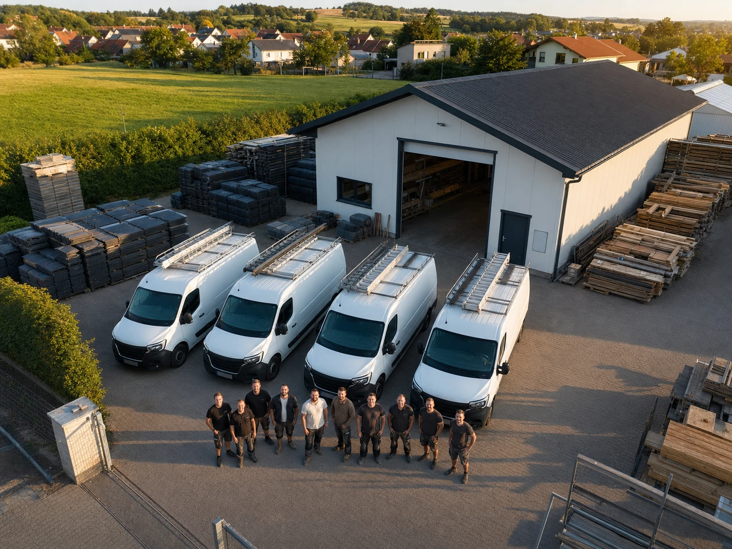 Luftaufnahme des Betriebshofs mit Halle, Firmenfahrzeugen und dem Team